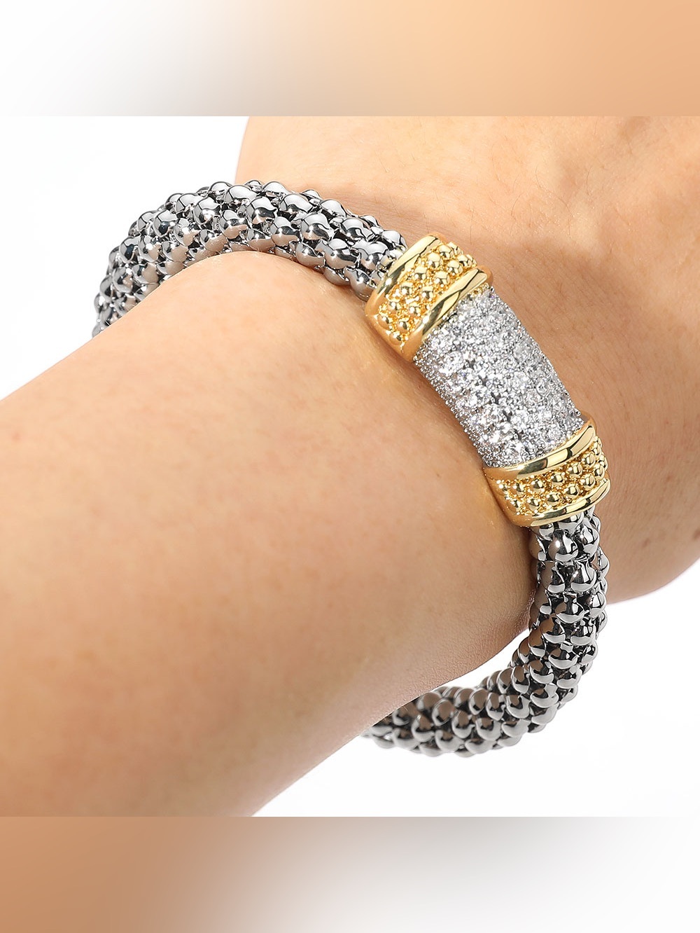 14K Gold Plated CZ Stone Paved Bar Accent Two Tone Braided Cuff Bracelet